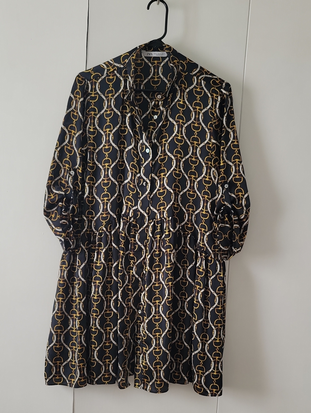 Zara Black Midi Dress with Gold and White Chain Print